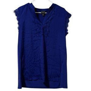 Worthington Women Size Medium V Neck Short Sleeve Blouse Blue Polyester Stretch